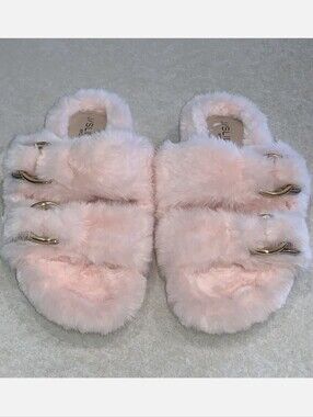 J/SLIDES Pale Pink Faux Fur Slides with Gold Buckle Accents